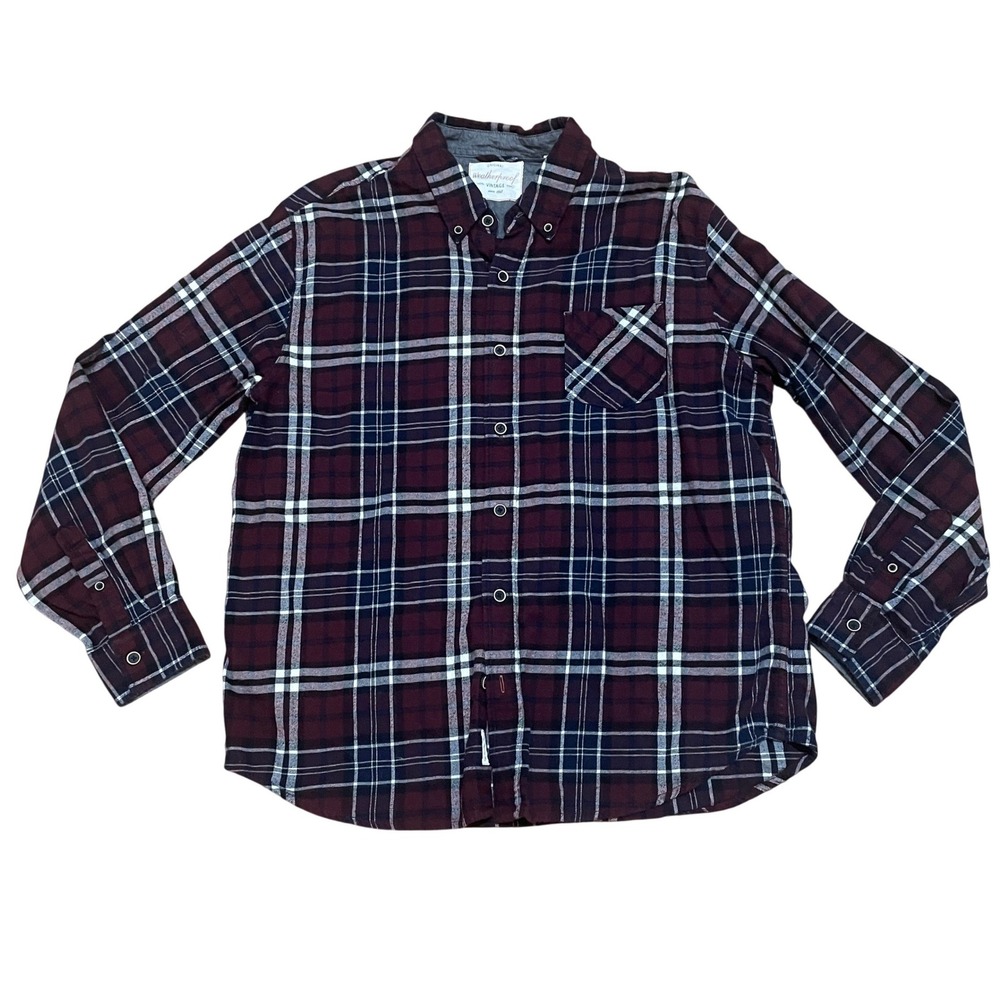 Weatherproof Vintage Mens XL‎ Flannel Shirt Burgundy Plaid Long Sleeve Cotton
